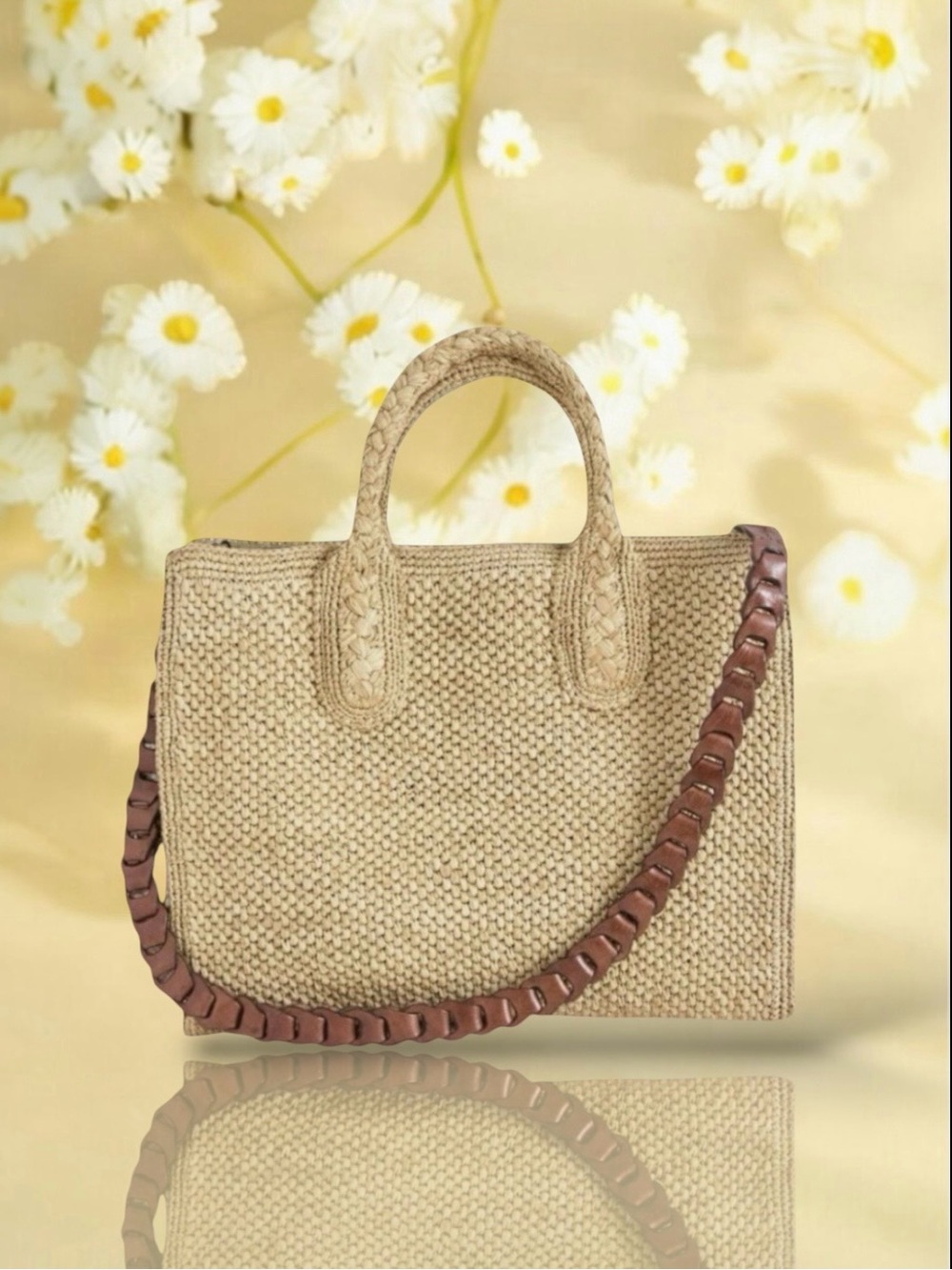 🆕💗IBELIV RAFFIA Tote Bag Top Handles +  Removable Braided Brown Leather Strap